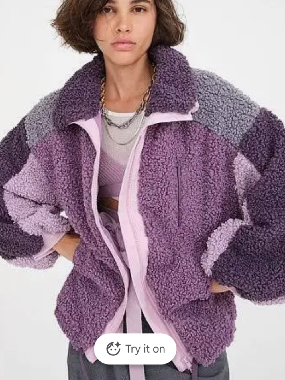 For Love and Lemons Colorblock Fuzzy Sherpa Jacket in Purple and Pink
